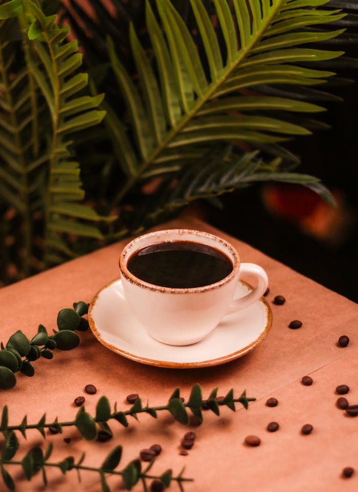 gallery-1 Aesthetic coffee scene with a white cup on a table, surrounded by lush green plants, and coffee beans scattered around.